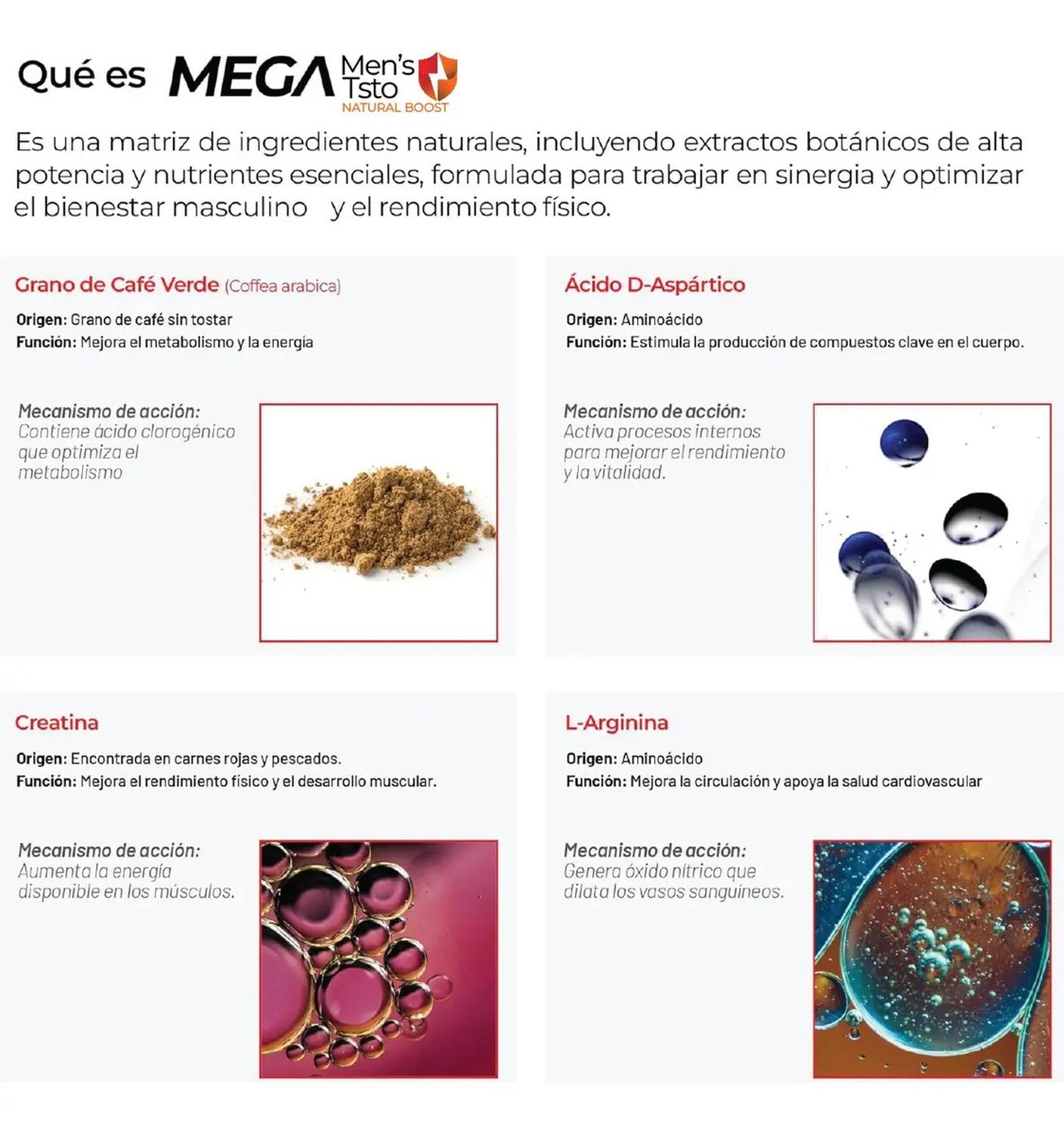 Mega Men's Testo: Tongkat Ali + Maca Negra + Creatina + Zinc + Fadogia, Fuerza+Energía, 100 Cápsulas — imagen 7