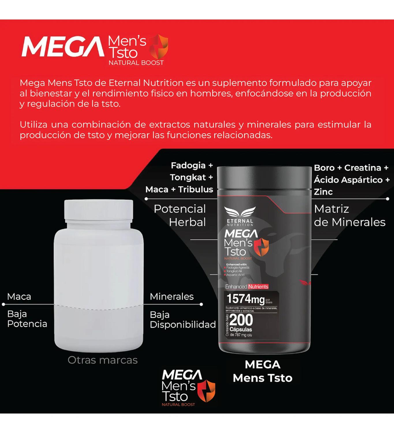 Mega Men's Testo: Tongkat Ali + Maca Negra + Creatina + Zinc + Fadogia, Fuerza+Energía, 200 Cápsulas — imagen 3