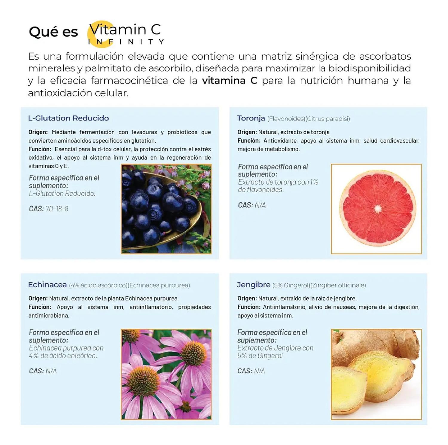 Infinity: Vitamina C + L-Glutatión, Zinc + Flavonoides, para Síntesis de Colágeno, 100 Cápsulas — imagen 4