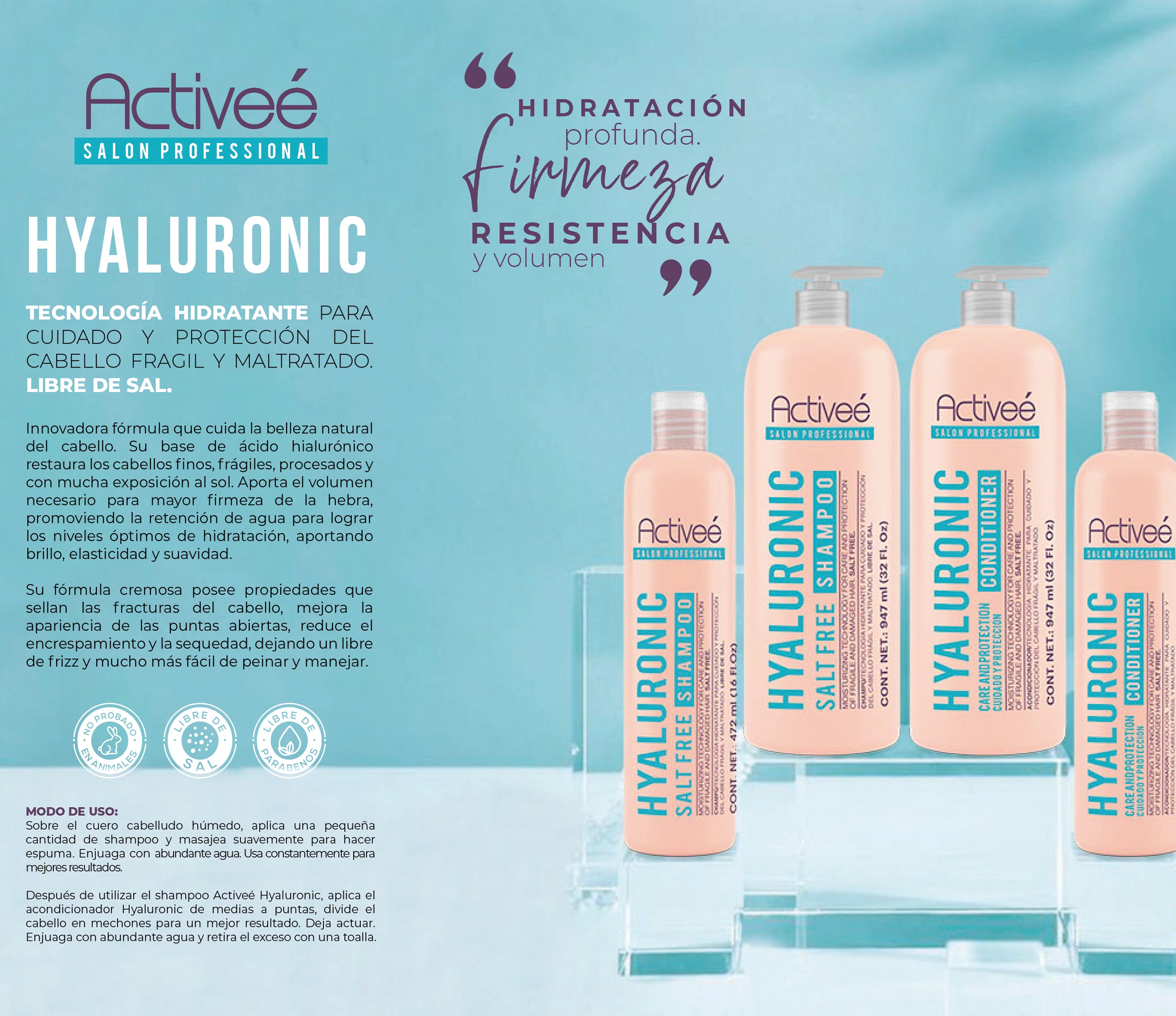 Acondicionador Activee Profesional Hyaluronic Acid TecnologIa Hidratante para Cuidado y Protección del Cabello Fragil y Maltratado Libre de Sal — imagen 4