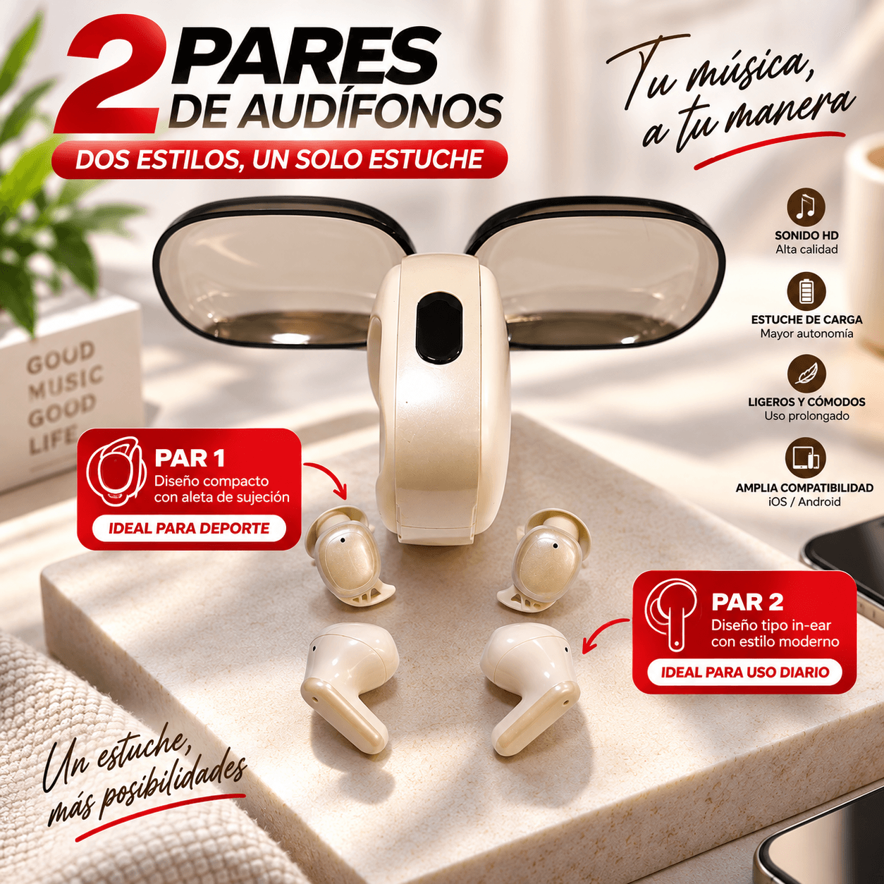 Audífonos bluetooth 2 en 1 TECNIQUERO DuoBuds 2X G86 — imagen 9