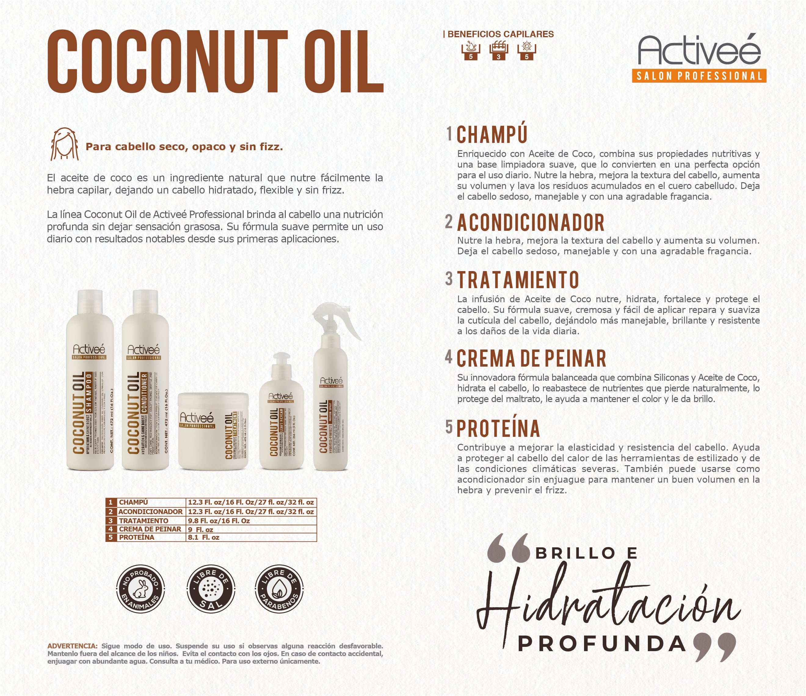 Crema para Peinar Activee Professional Coconut Oil Tecnologia para cuidado Cabello con Perdida de Color Quebradizo y con Frizz Libre de Sal — imagen 3