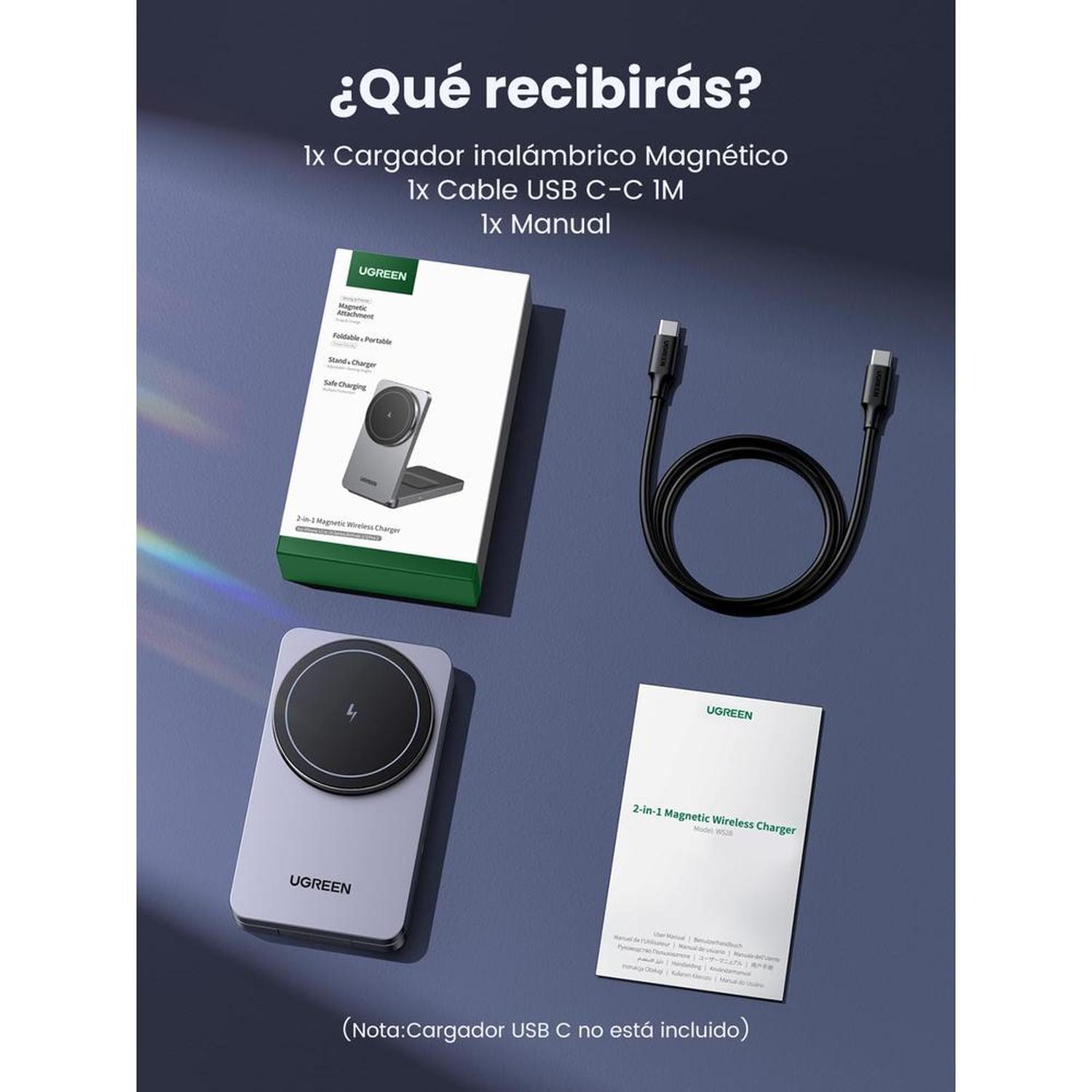 Cargador Inalámbrico Magnético 2 en 1 Ugreen W528 15W + 5W Plegable Gris — imagen 3