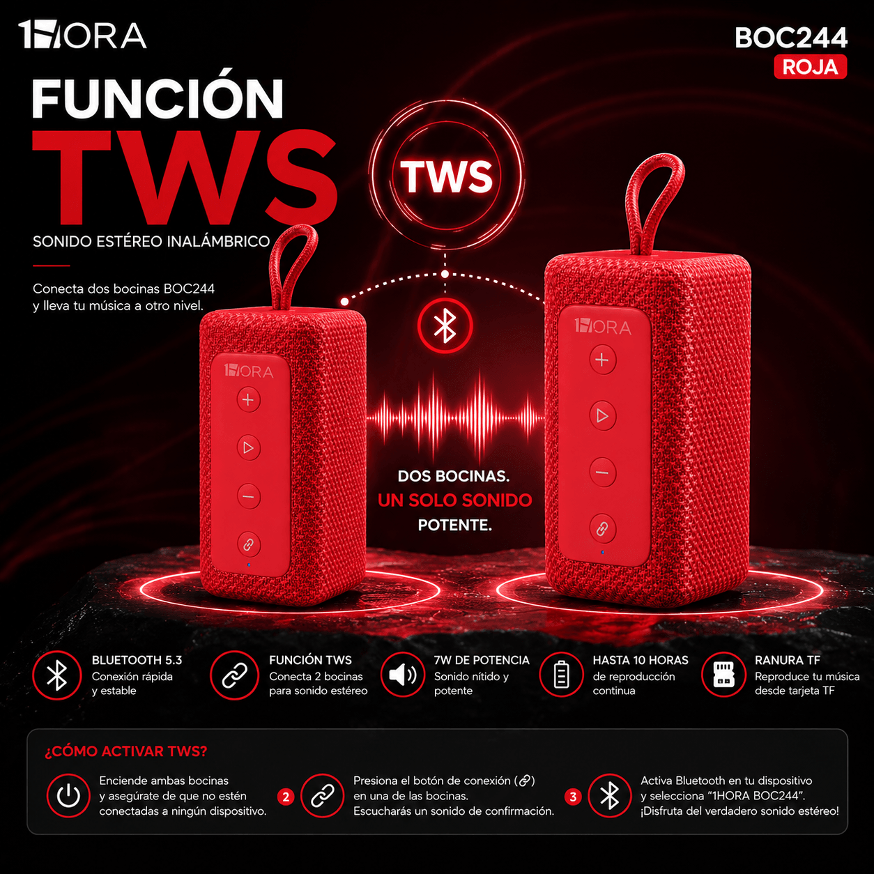 Bocina Bluetooth 1HORA BOC244 Roja Portátil con Sonido Estéreo y TWS — imagen 2