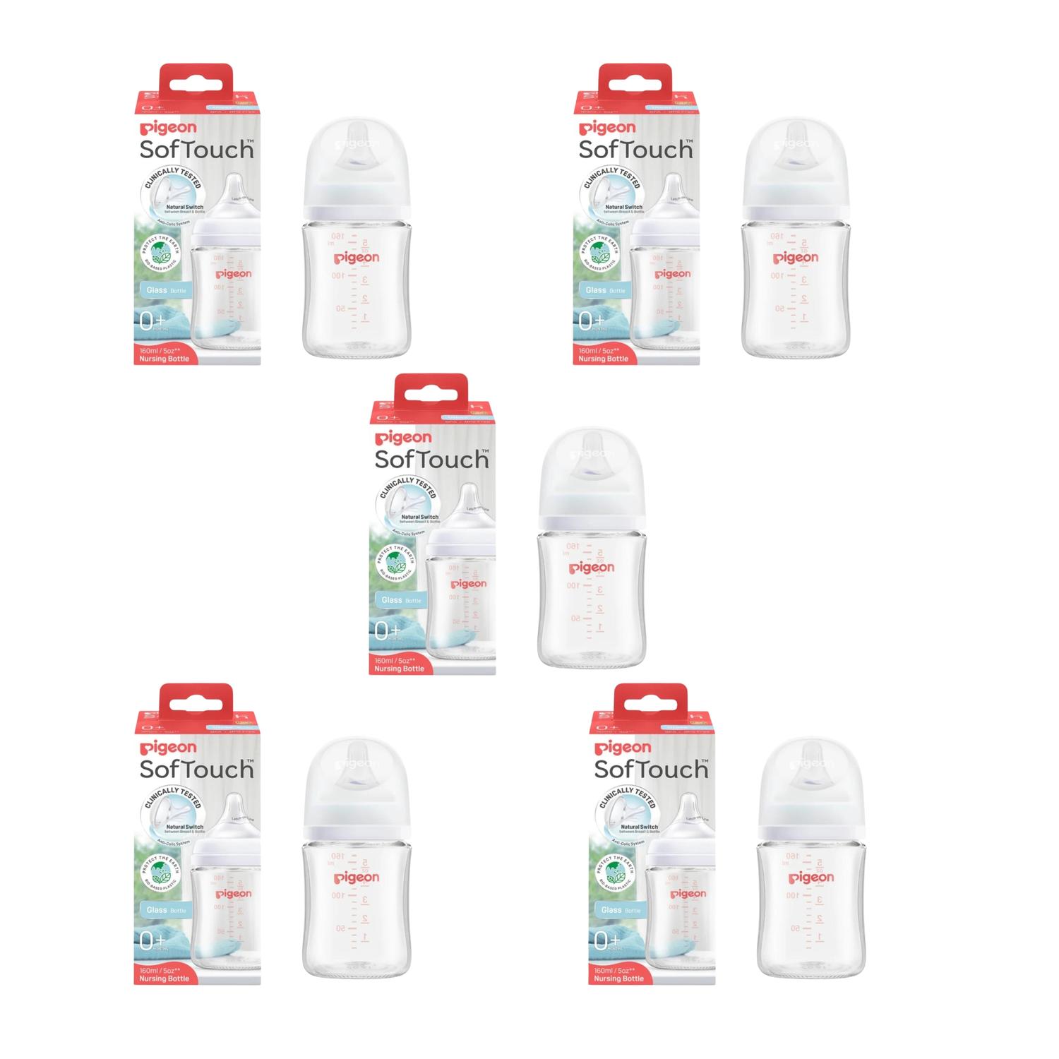 Combo 5 Biberones Pigeon Softouch 160ml Vidrio Transparente — imagen 2