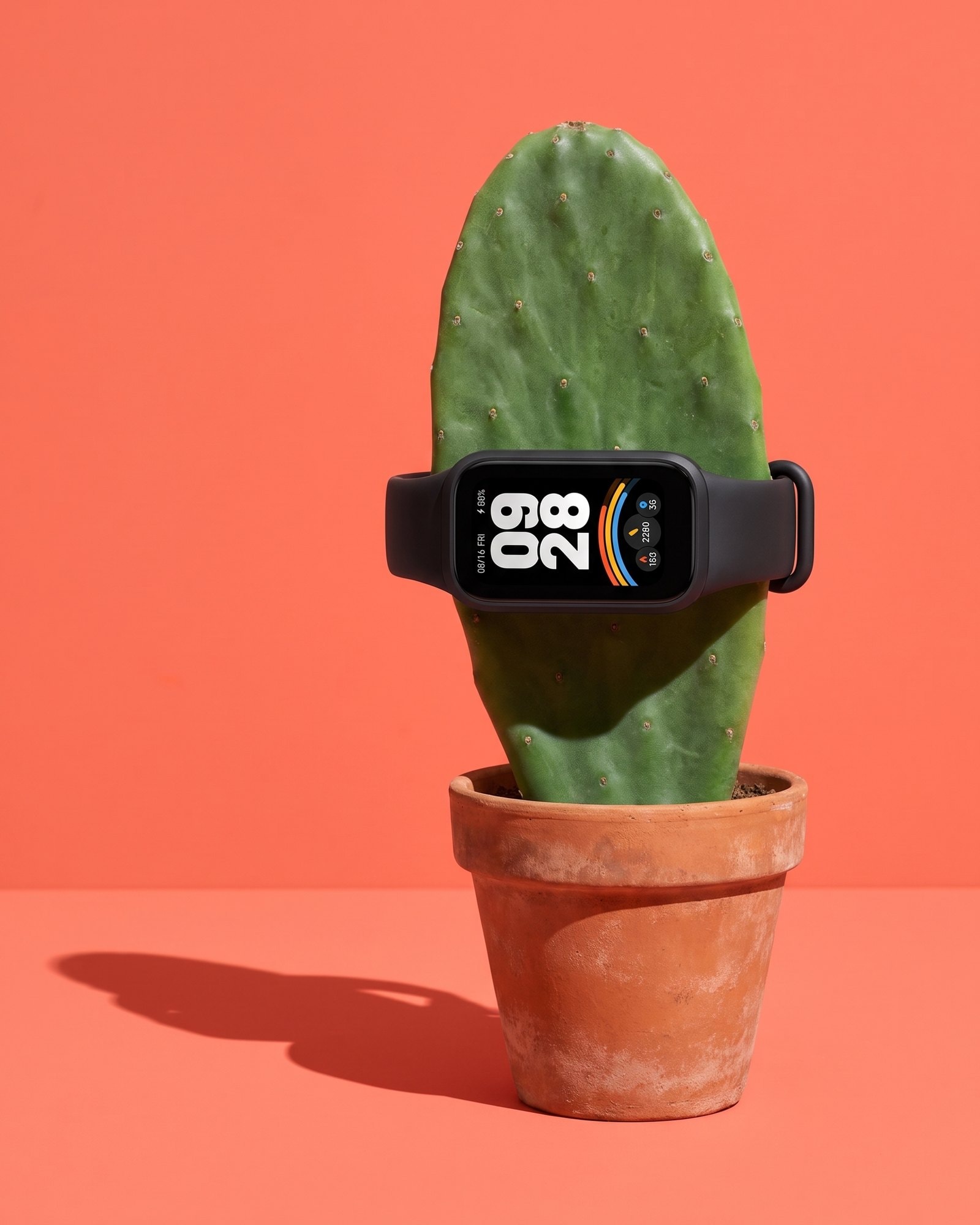 Un nopal en maceta lleva puesta una Smart Band Xiaomi 9 Active sobre un fondo coral