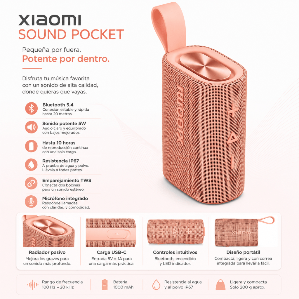 BOCINA XIAOMI SOUND POCKET (ROSA) + SMARTWATCH FUTUREM DW01 (DORADA) Y POWERBANK G-TIDE P1 (BLANCA) — imagen 6