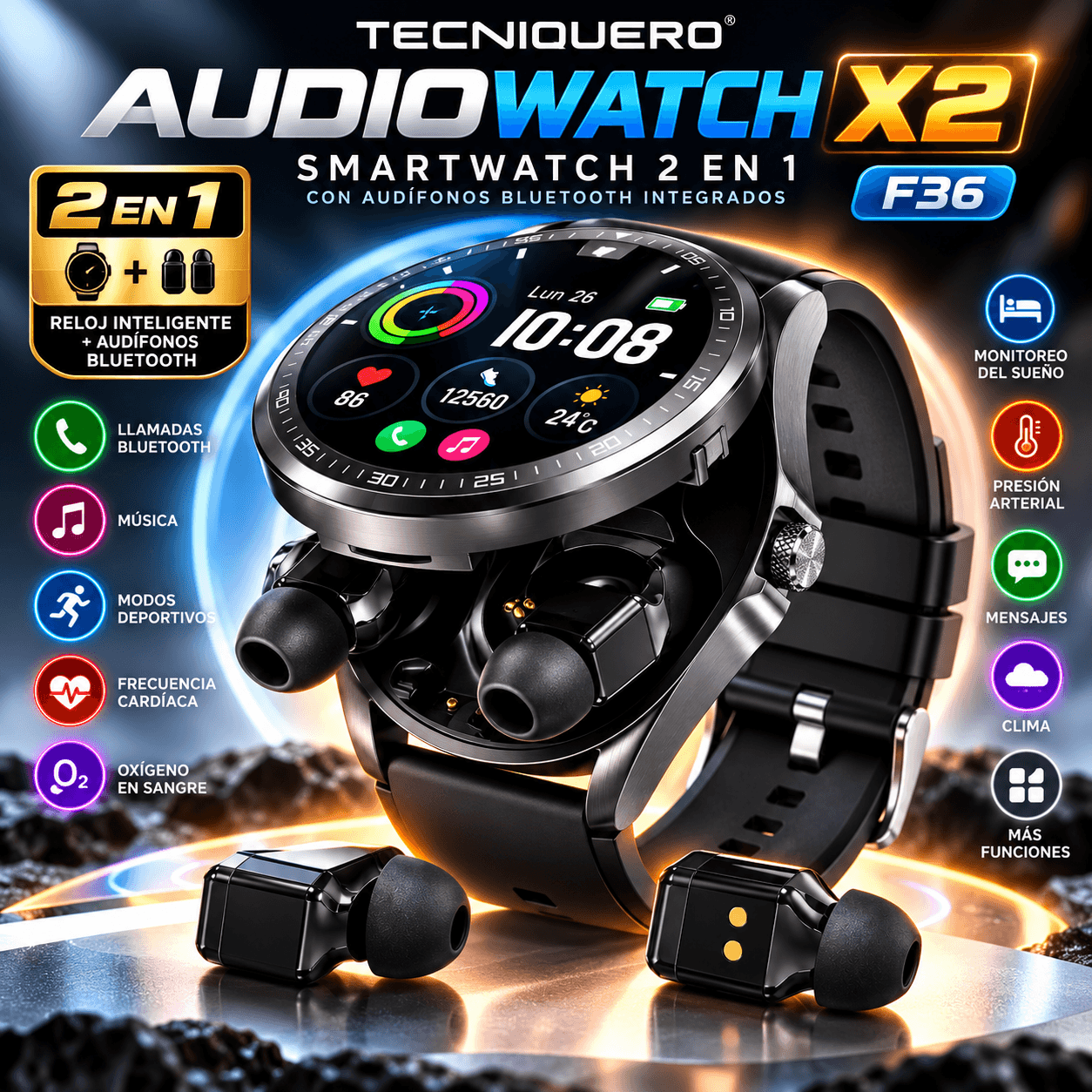 Smartwatch 2 en 1 con Audífonos Bluetooth Integrados — imagen 2