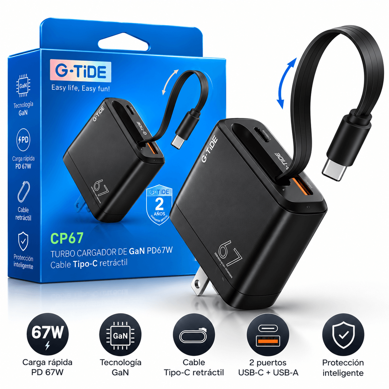 G-TiDE CP67 – Cargador GaN 67W con Cable USB-C Retráctil — imagen 3