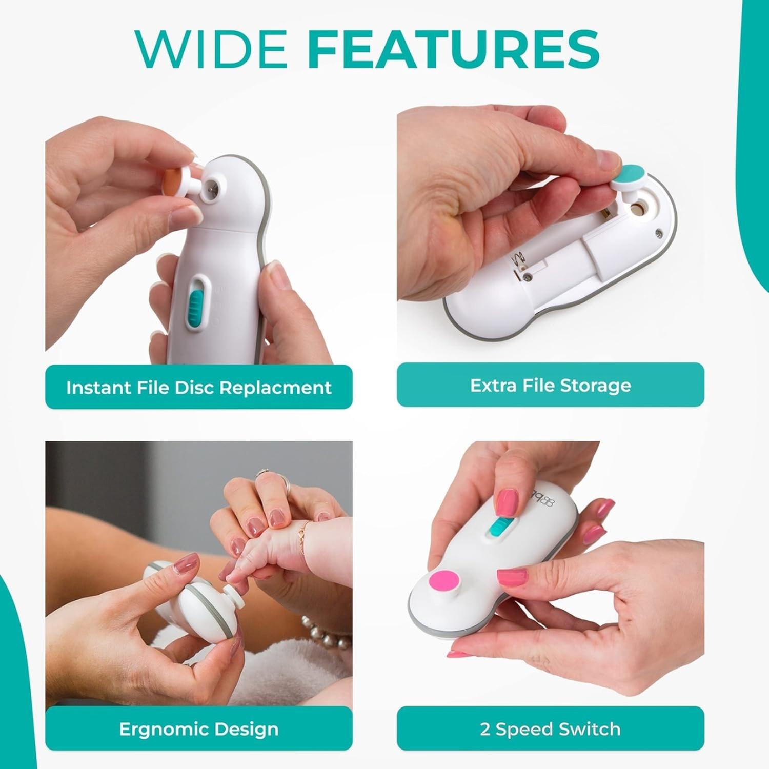 Cortaúñas Eléctrico Para Bebé Bbluv Trimo Con 4 Discos Intercambiables, Recién Nacidos Y Niños Pequeños, Seguro Y Silencioso, Fácil De Usar, Diseño Ergonómico Y Portátil — imagen 2