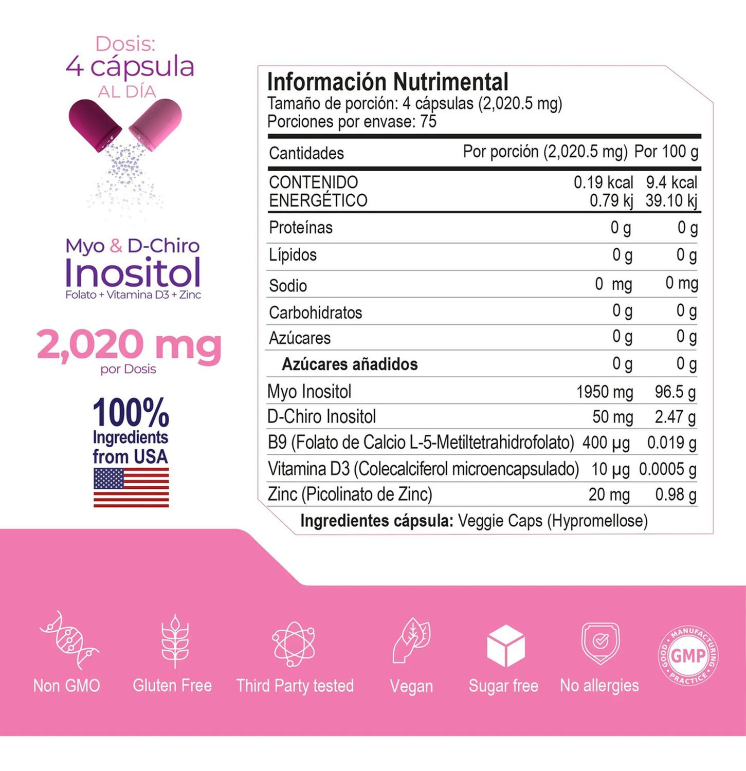 Essentials: Inositol 40:1 Myo & D-Chiro, Folato 5-MTHF + D3 + Zinc, Bienestar Hormonal, 300 Cápsulas — imagen 2
