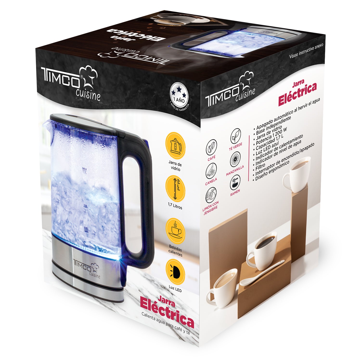 Tetera Jarra Eléctrica de Vidrio 1.7 L Hervidor Agua Acero Inoxidable Timco JE8707 — imagen 7