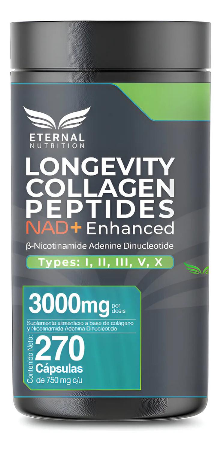 Longevity: Colágeno Hidrolizado + NAD+, Péptidos Tipos I, II, III, V y X, 270 Cápsulas — imagen 1