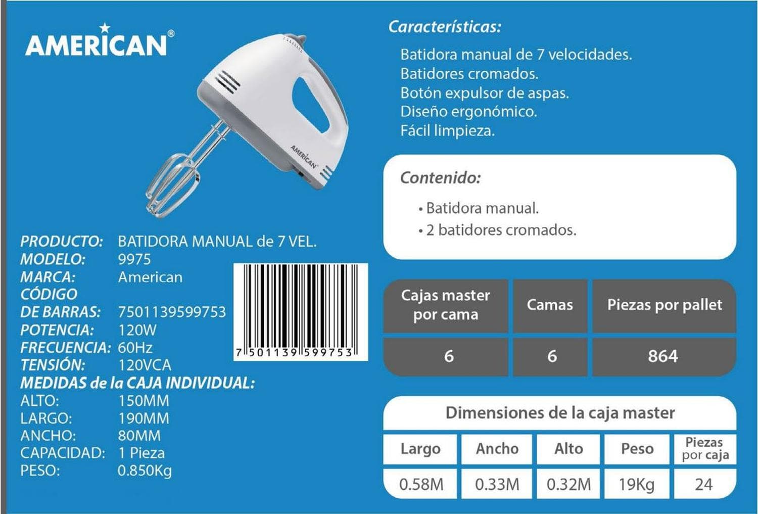 Batidora De Mano American 9975 7 Velocidades — imagen 4