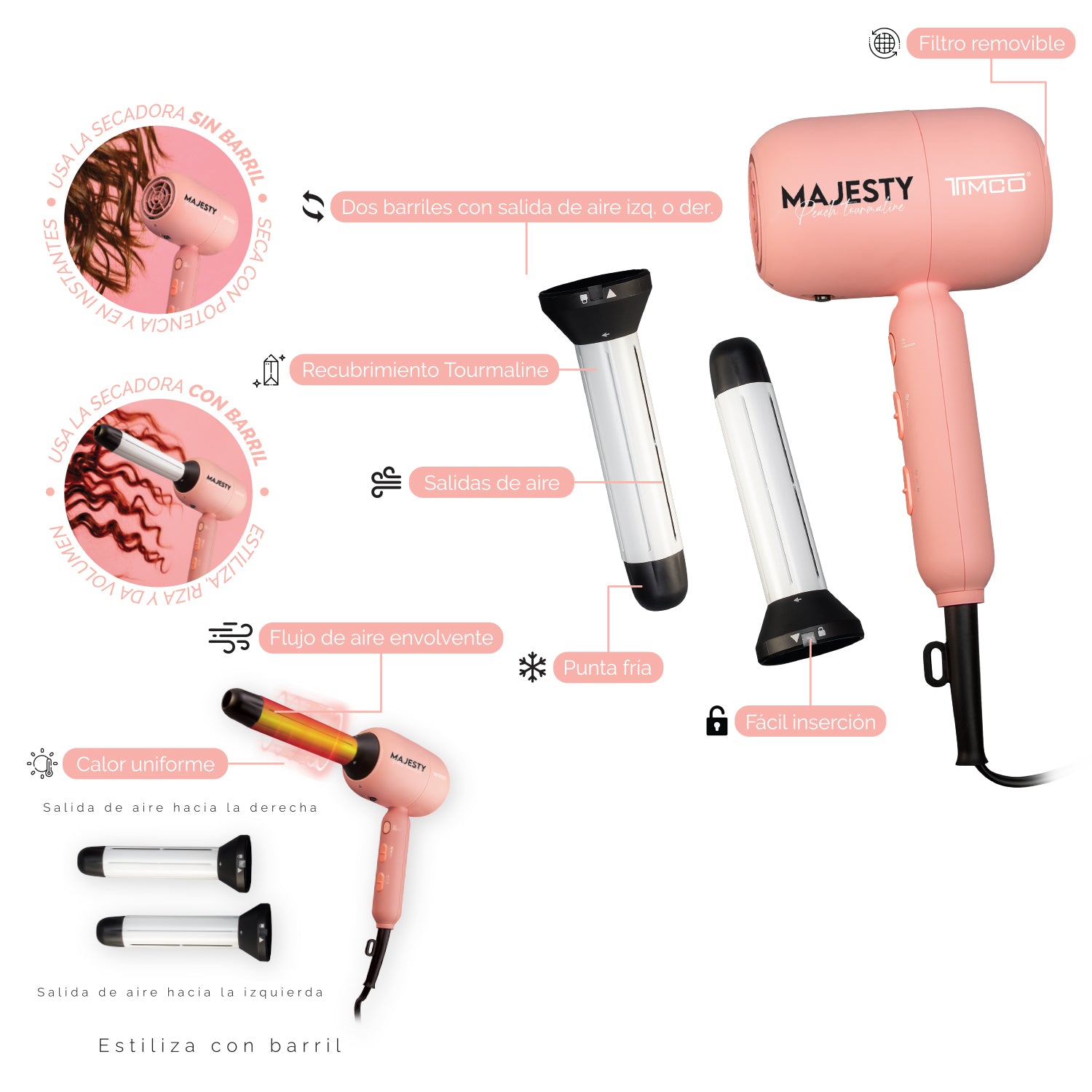 Secadora de Cabello Rizador 2 Barriles 25 mm Majesty Peach Tourmaline Timco SDD104 — imagen 6