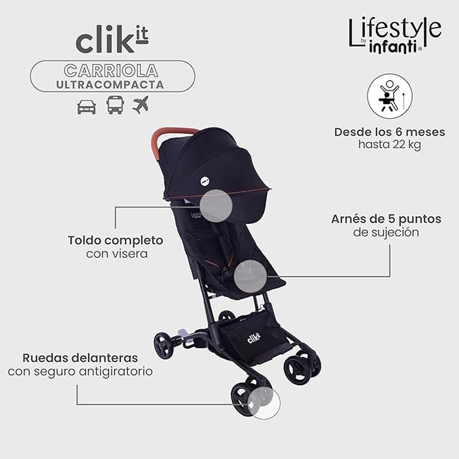 Carriola Lifestyle By Infanti Plegado Clik-it De Mano Carriola De Viaje Compacta Y Ligera Reclinable, Con Asa Y Cubierta Protectora Para Bebés De 6 Meses A 22 Kg Negra — imagen 3