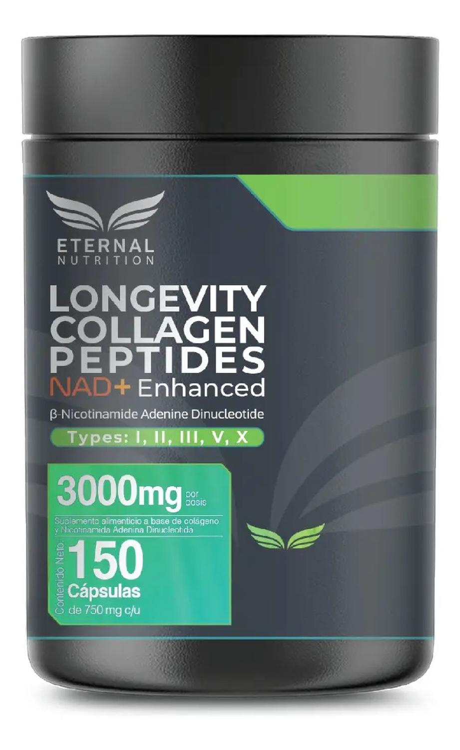 Longevity: Colágeno Hidrolizado + NAD+, Péptidos Tipos I, II, III, V y X, 150 Cápsulas — imagen 1