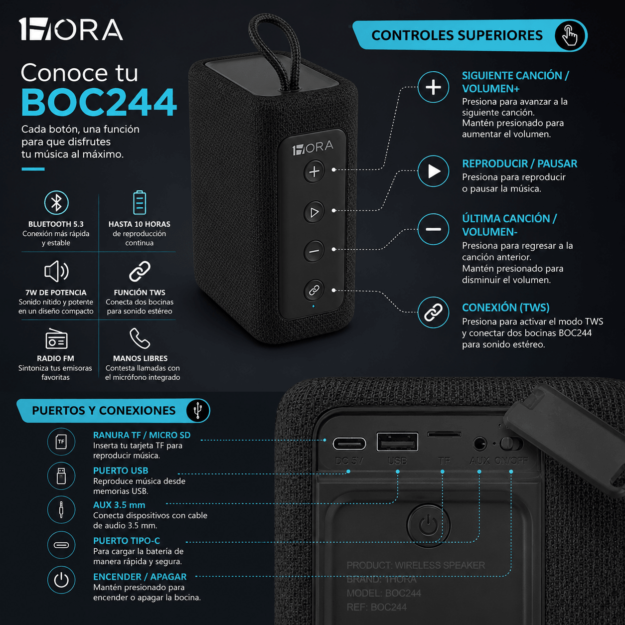 Bocina Bluetooth 1HORA BOC244 Negra Portátil con Sonido Estéreo y TWS — imagen 7