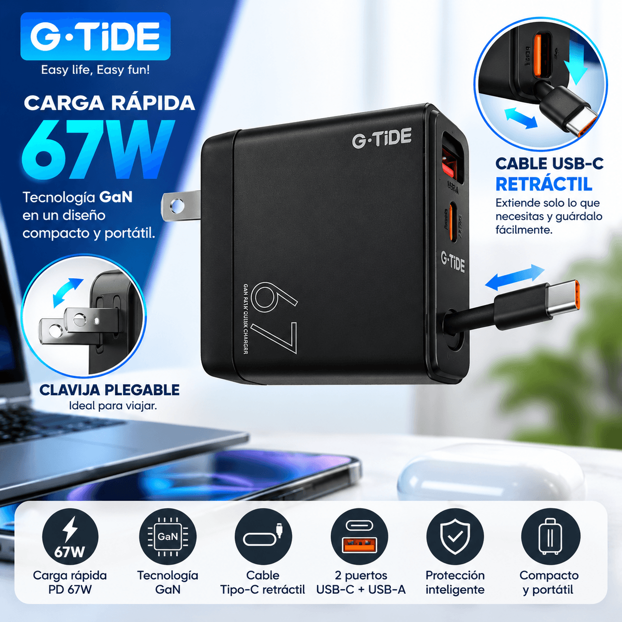 G-TiDE CP67 – Cargador GaN 67W con Cable USB-C Retráctil — imagen 5