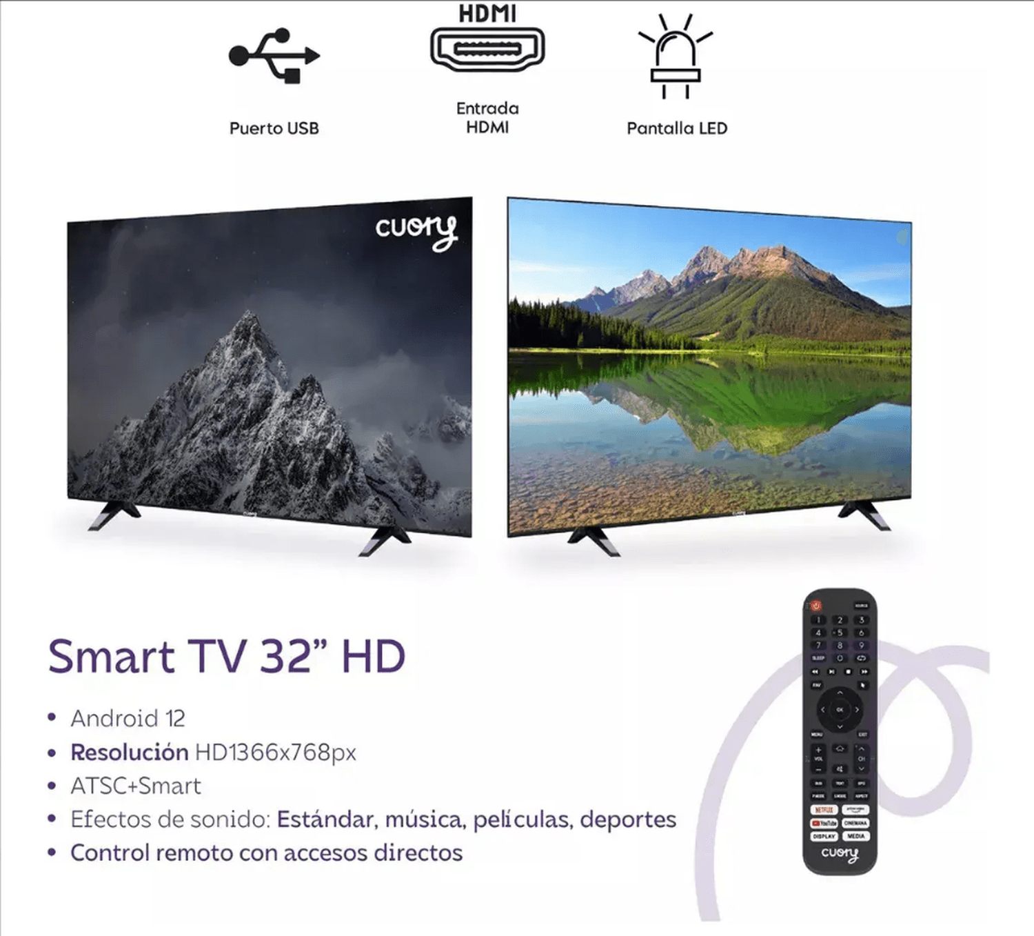 Pantalla Cuory 32" HD Android TV 12 WiFi HDMI 2x5W — imagen 4