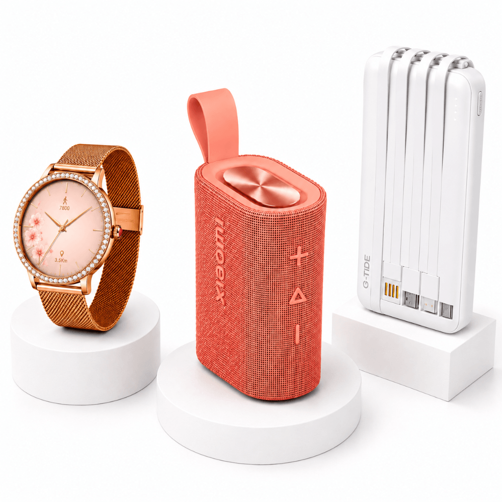 BOCINA XIAOMI SOUND POCKET (ROSA) + SMARTWATCH FUTUREM DW01 (DORADA) Y POWERBANK G-TIDE P1 (BLANCA) — imagen 2