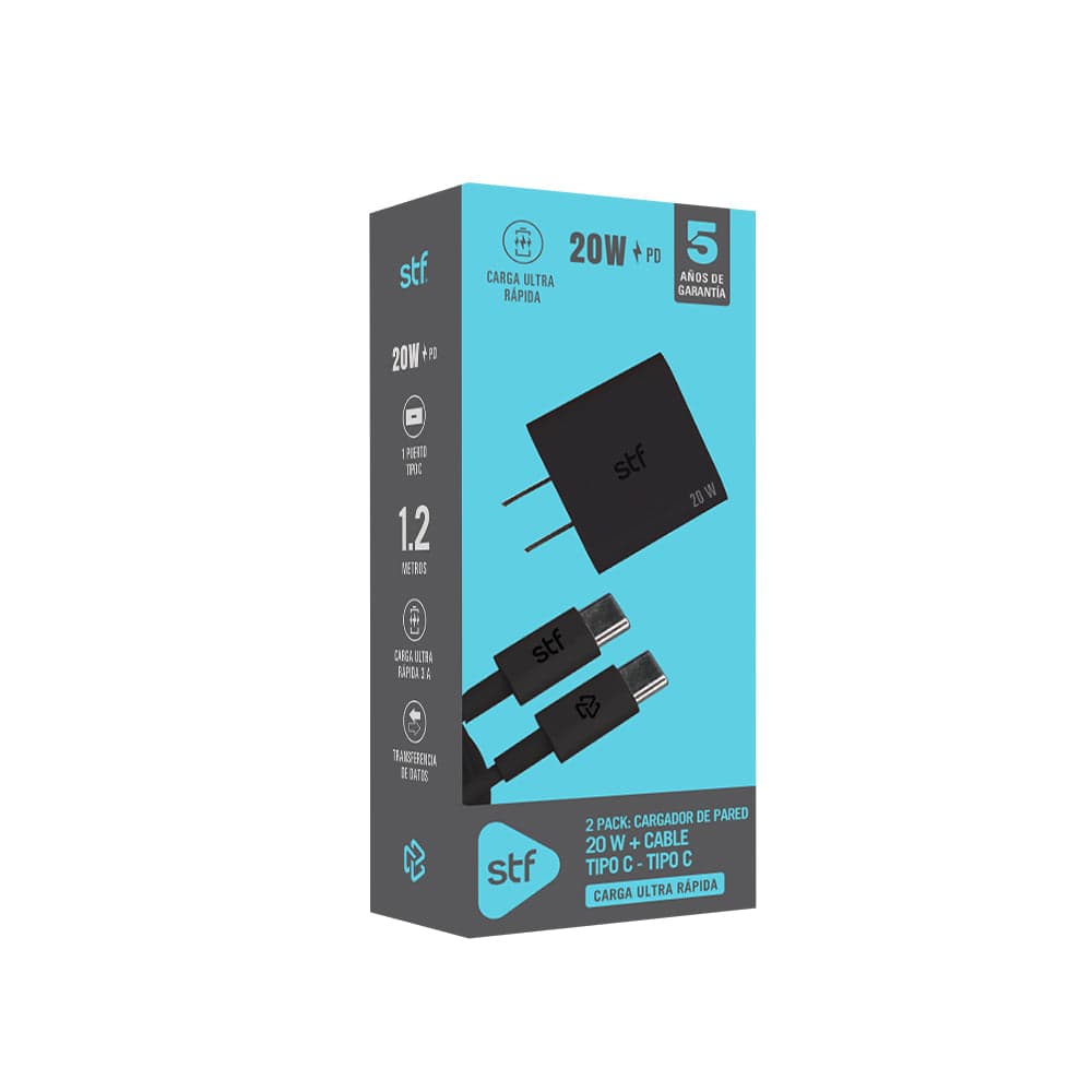 2 Pack STF: Cargador de pared 20W + Cable USB-C a USB-C 60W, Carga ultra rápida — image 4