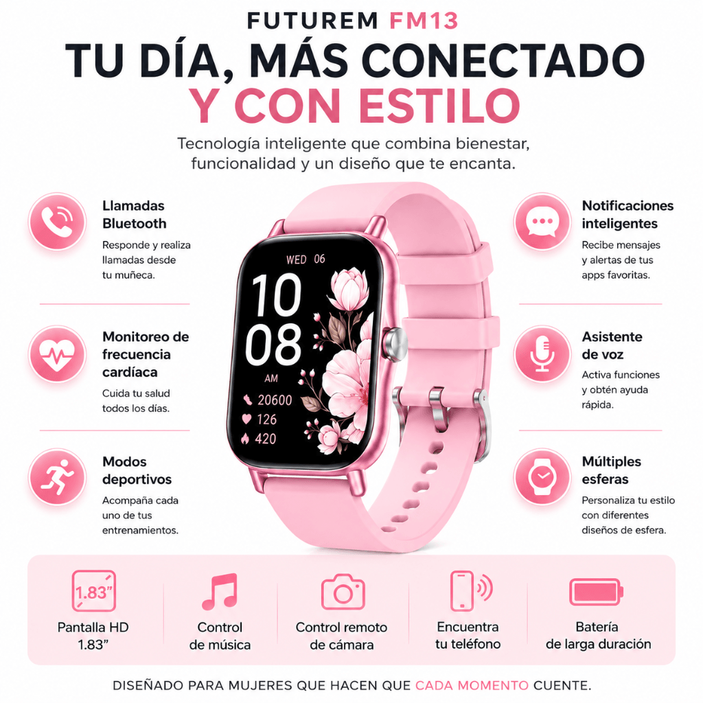 Smartwatch Futurem FM13 (Rosa) + Audifonos G-tide OWS 8 (Rosa) — imagen 5