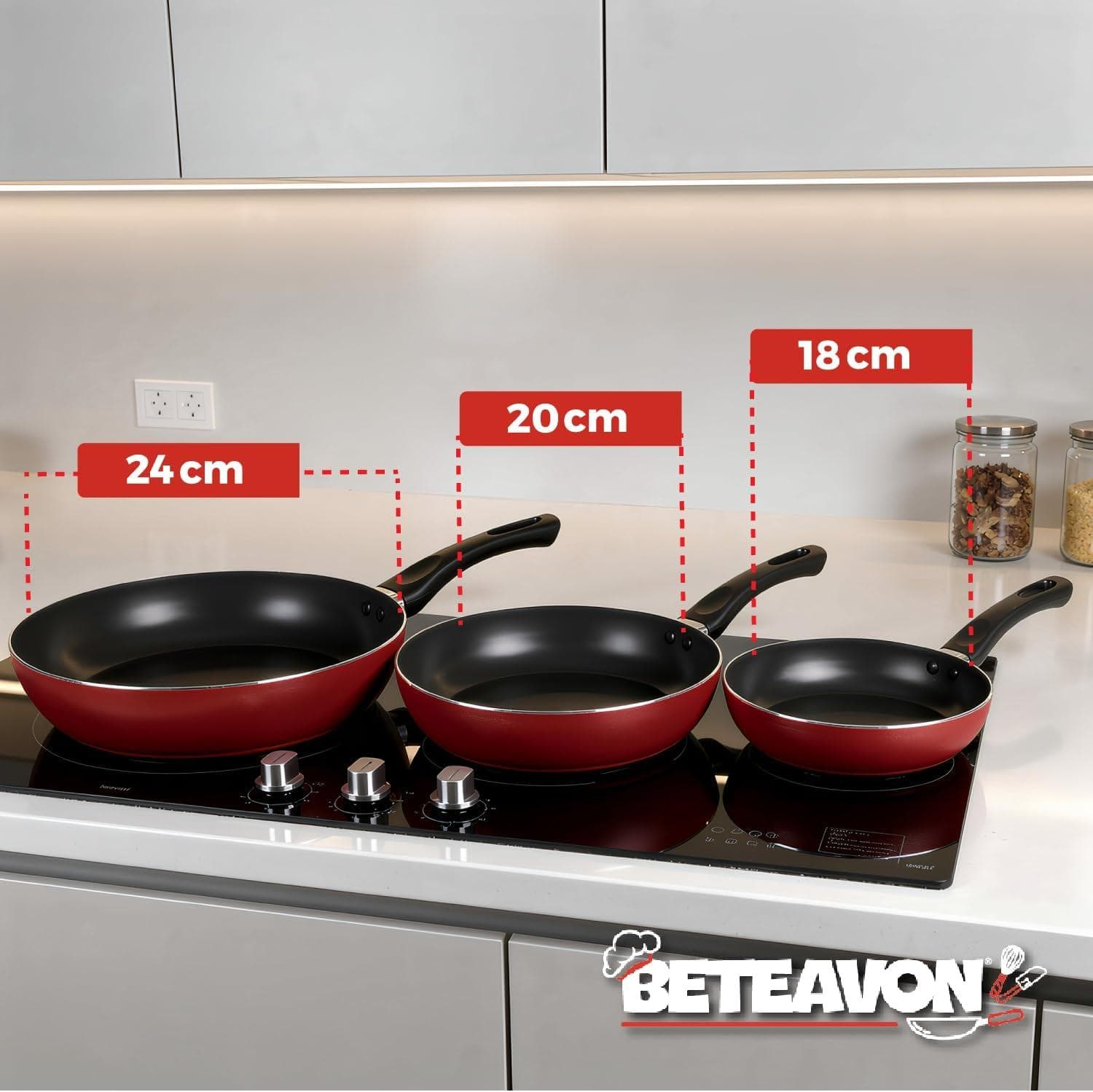 Set 3 Sartenes Antiadherentes Beteavon Rojo Aluminio Mango Ergonómico — imagen 4