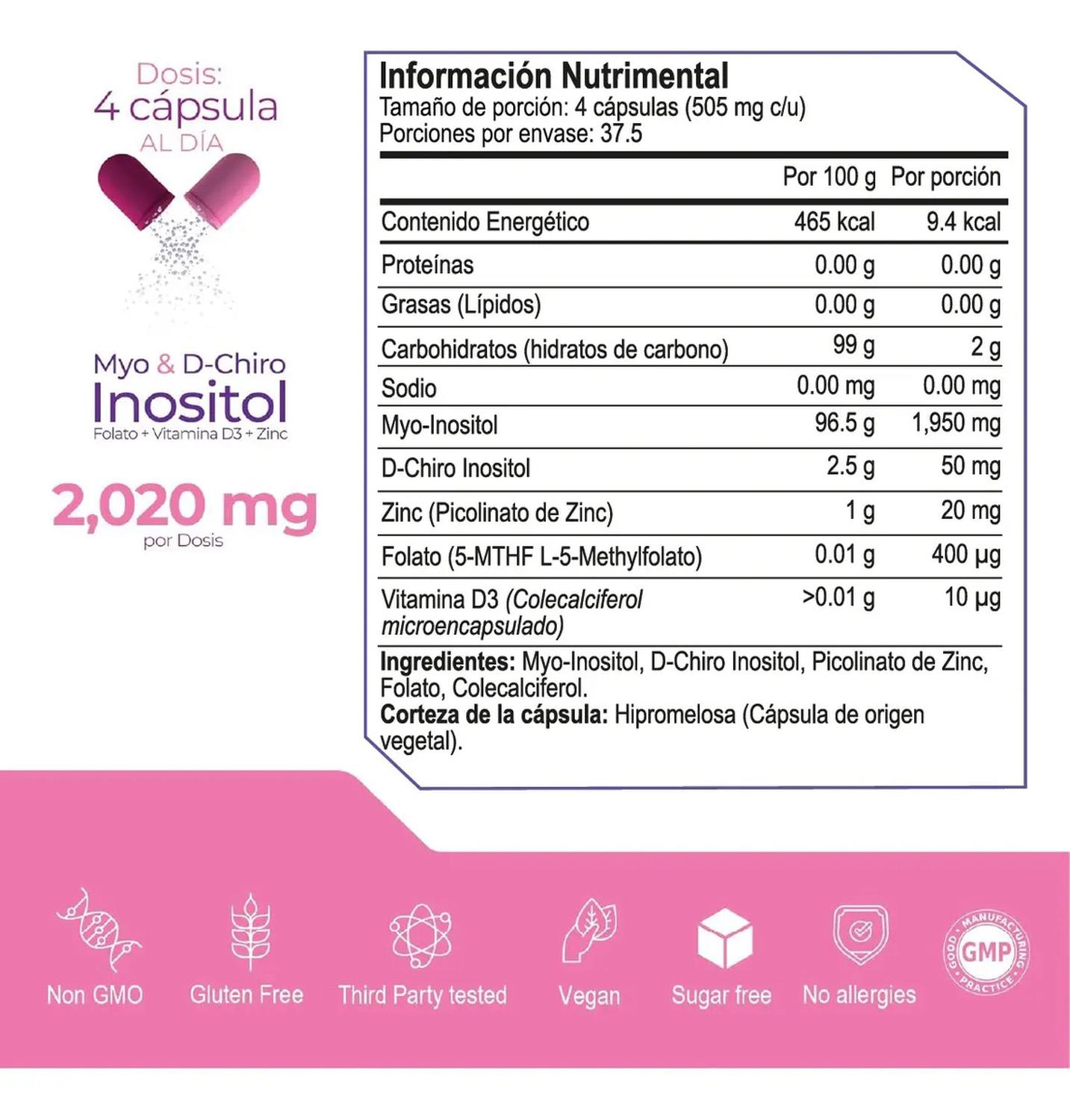 Essentials: Inositol 40:1 Myo & D-Chiro, Folato 5-MTHF + D3 + Zinc, Bienestar Hormonal, 150 Cápsulas — imagen 3
