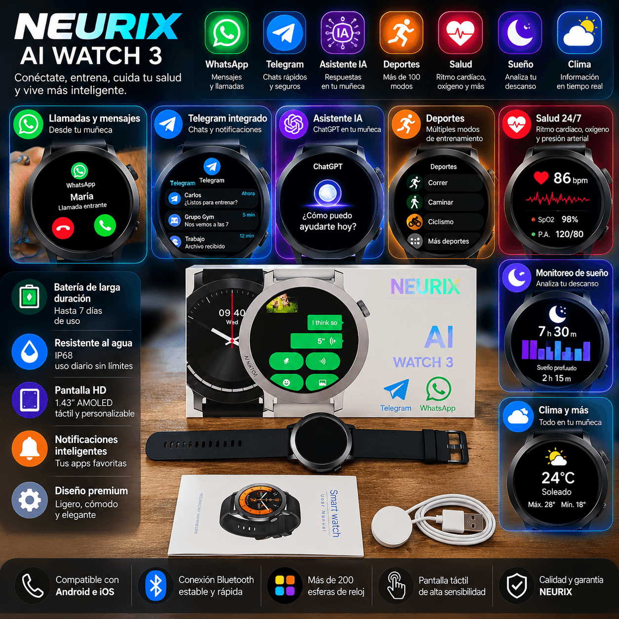 Smartwatch NEURIX AI Watch 3 con ChatGPT, WhatsApp, Llamadas Bluetooth y Funciones Deportivas — imagen 6