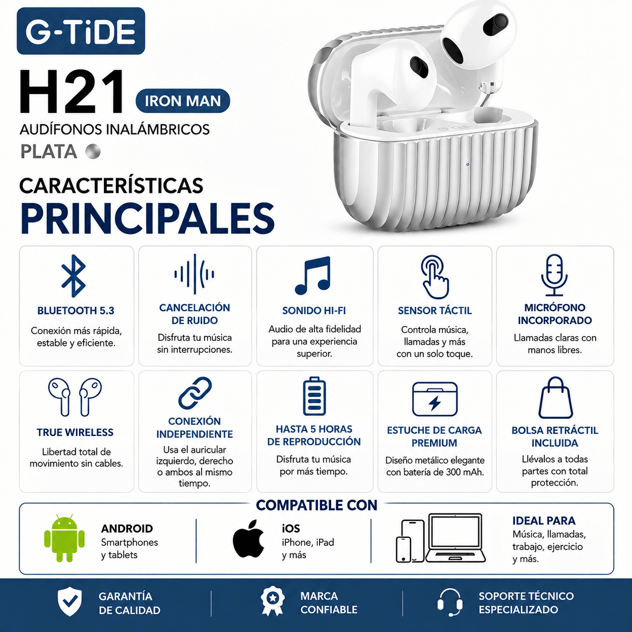 SMARTWACTH G-TIDE R6 PRO (GRIS) + BOCINA SOUND POCKET (AZUL) + AUDIFONOS G-TIDE H21 (PLATA) — imagen 5