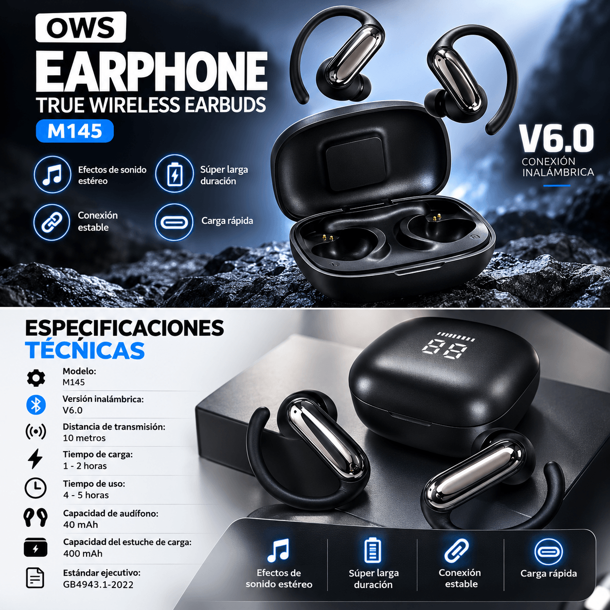 Audífonos Bluetooth Deportivos TECNIQUERO SportLoop M145 Gancho Ergonómico, Sonido Estéreo y Estuche de Carga — imagen 4