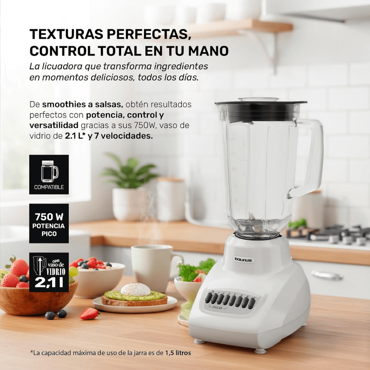Licuadora Taurus Gaudí 750 W 2.1 L Vidrio 7 Velocidades — imagen 4
