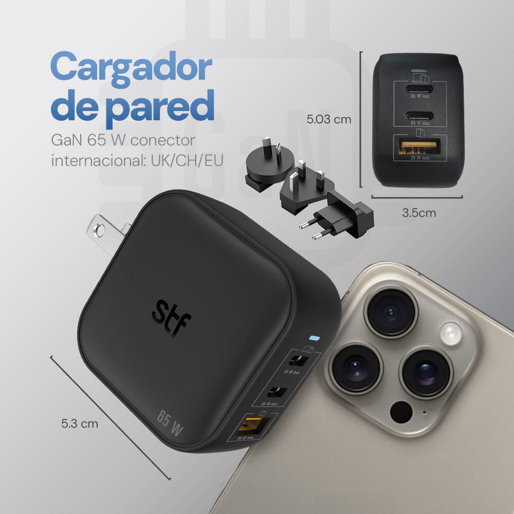Cargador Pared GaN 65W 3 Salidas + Adaptadores UK/EU/AU Carga Ultra Rápida — image 7