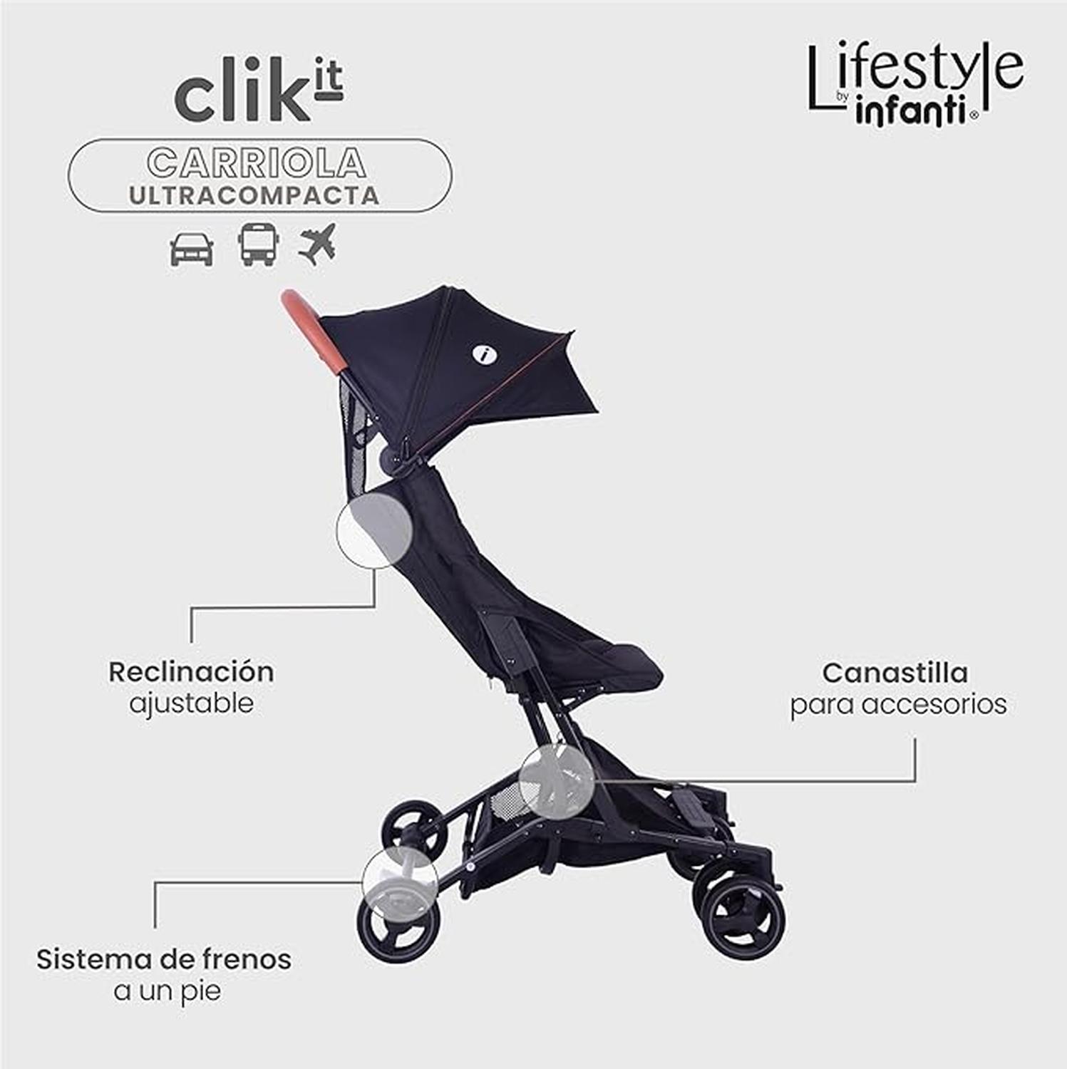 Carriola Lifestyle By Infanti Plegado Clik-it De Mano Carriola De Viaje Compacta Y Ligera Reclinable, Con Asa Y Cubierta Protectora Para Bebés De 6 Meses A 22 Kg Negra — imagen 6