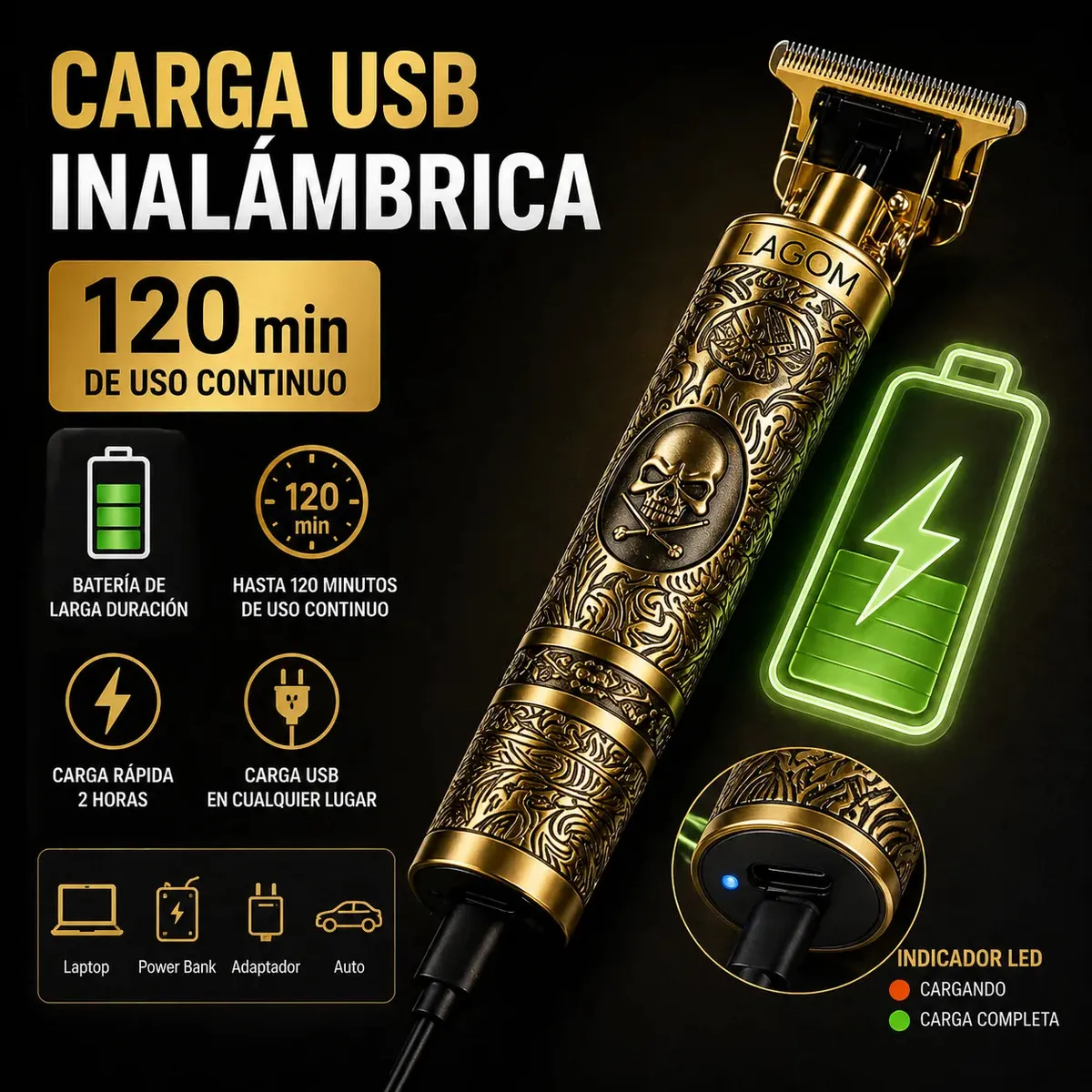 Rasuradora Eléctrica Recargable Profesional. Cortadora de Cabello Profesional Inalámbrica para Hombre Máquina para Cortar Cabello Recargable USB con 4 Peines Trimmer Barba Kit Completo — imagen 5