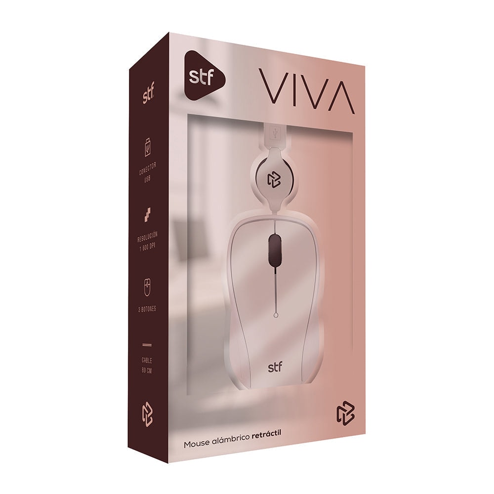 Mouse Alámbrico Retráctil STF VIVA: 1600 DPI, Ergonómico, USB, 80cm, Nude — imagen 3