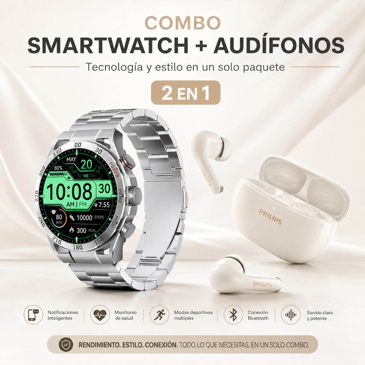 Combo Premium Filwans GTR + Philips TAT1320WT Smartwatch AMOLED con Llamadas + Audífonos Bluetooth — imagen 3