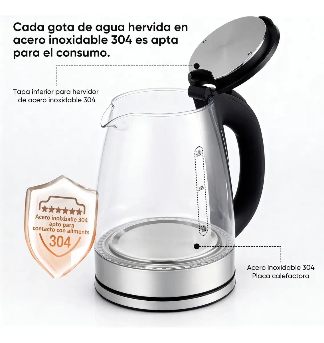 Tetera Eléctrica de Vidrio 1.8L con Apagado Automático — imagen 2