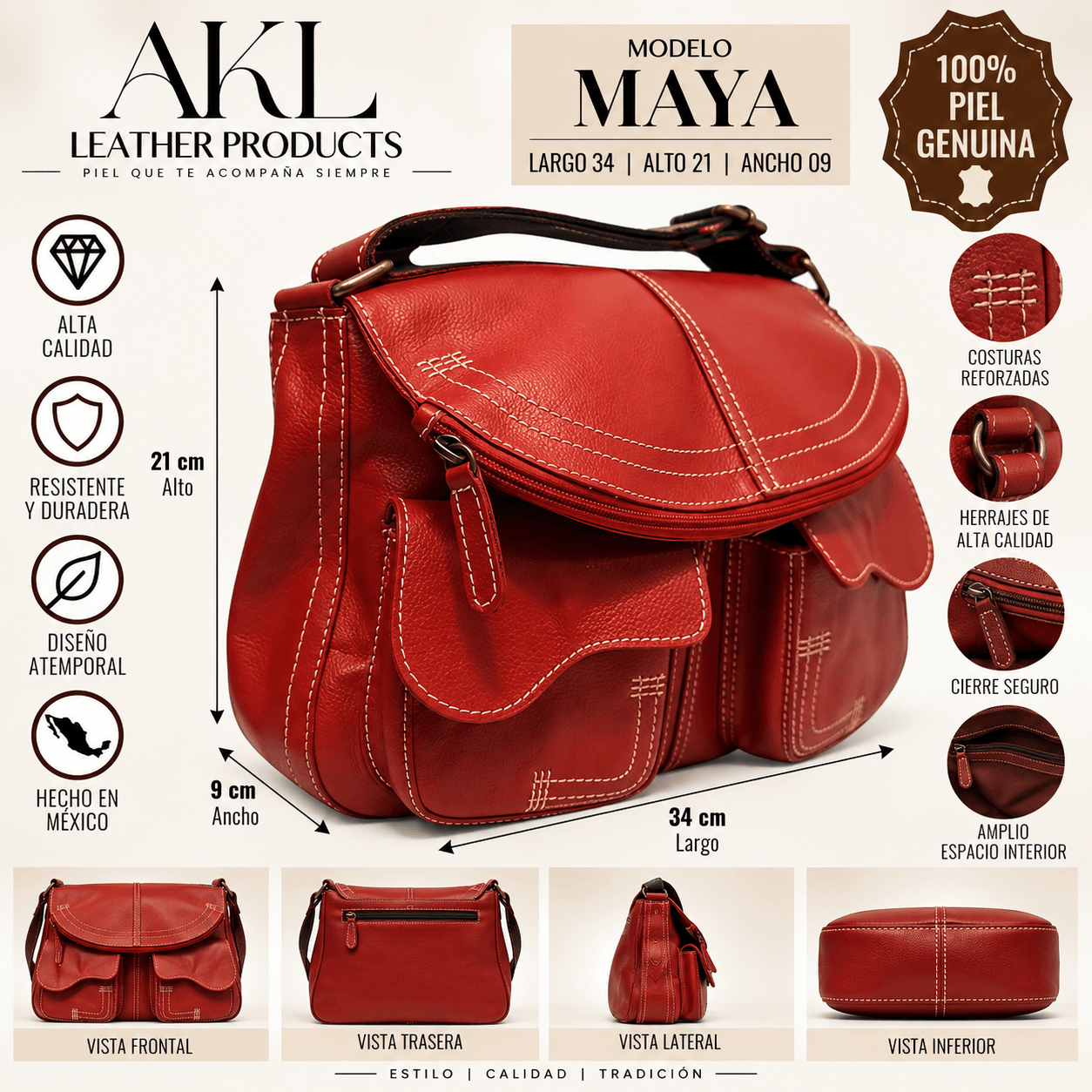 Mariconera De Piel Original Flotter Para Mujer Maya — imagen 2
