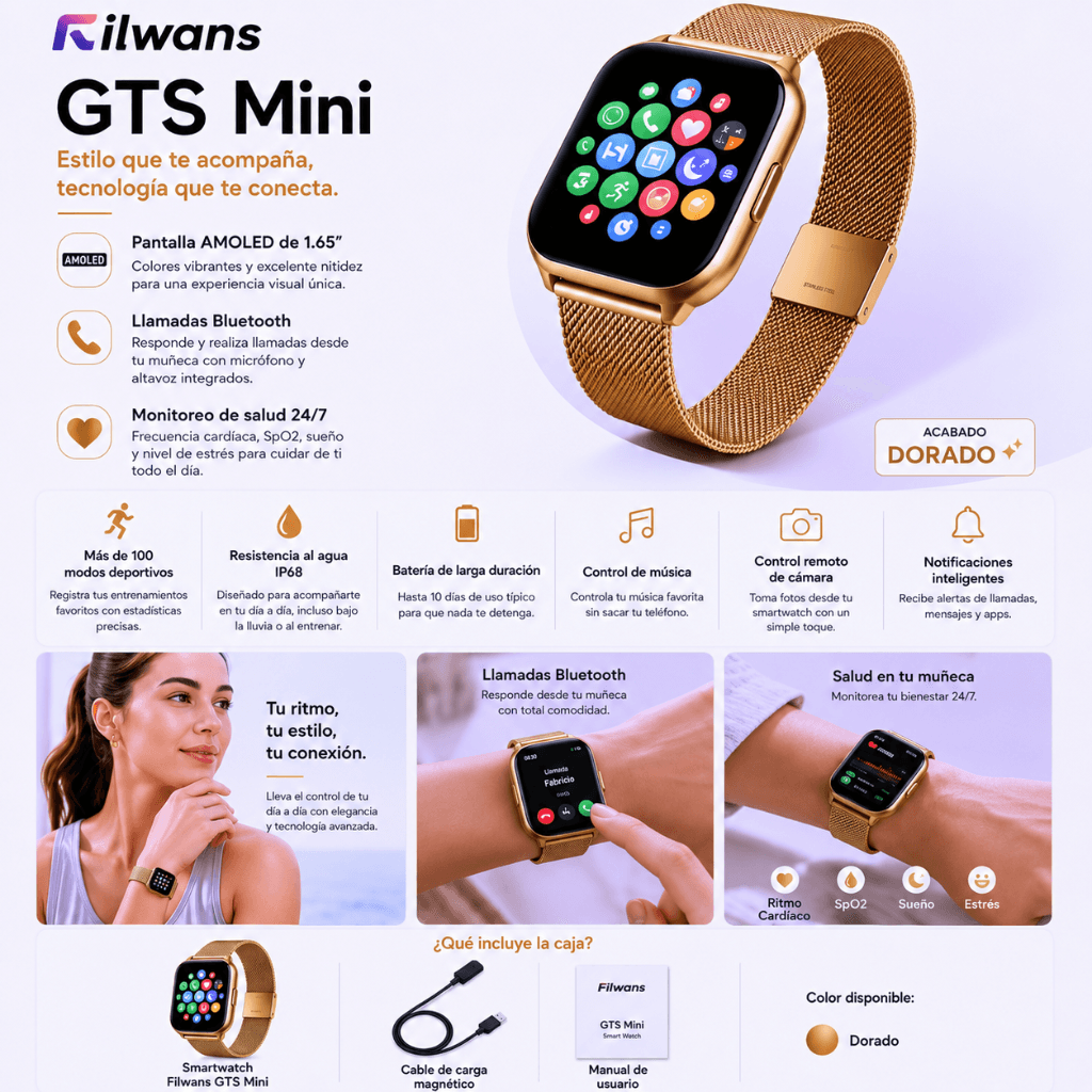 BOCINA XIAOMI SOUND POCKET (ROSA)+ SMARTWATCH FILWANS GTS MINI (DORADA) + AUDIFONOS G-TIDE OWS8 (ROSA) — imagen 4