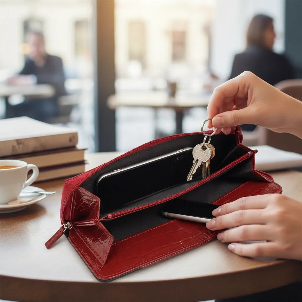 Cartera Larga Para Dama Roja Charol Grabado Cocodrilo IRAZU — imagen 10