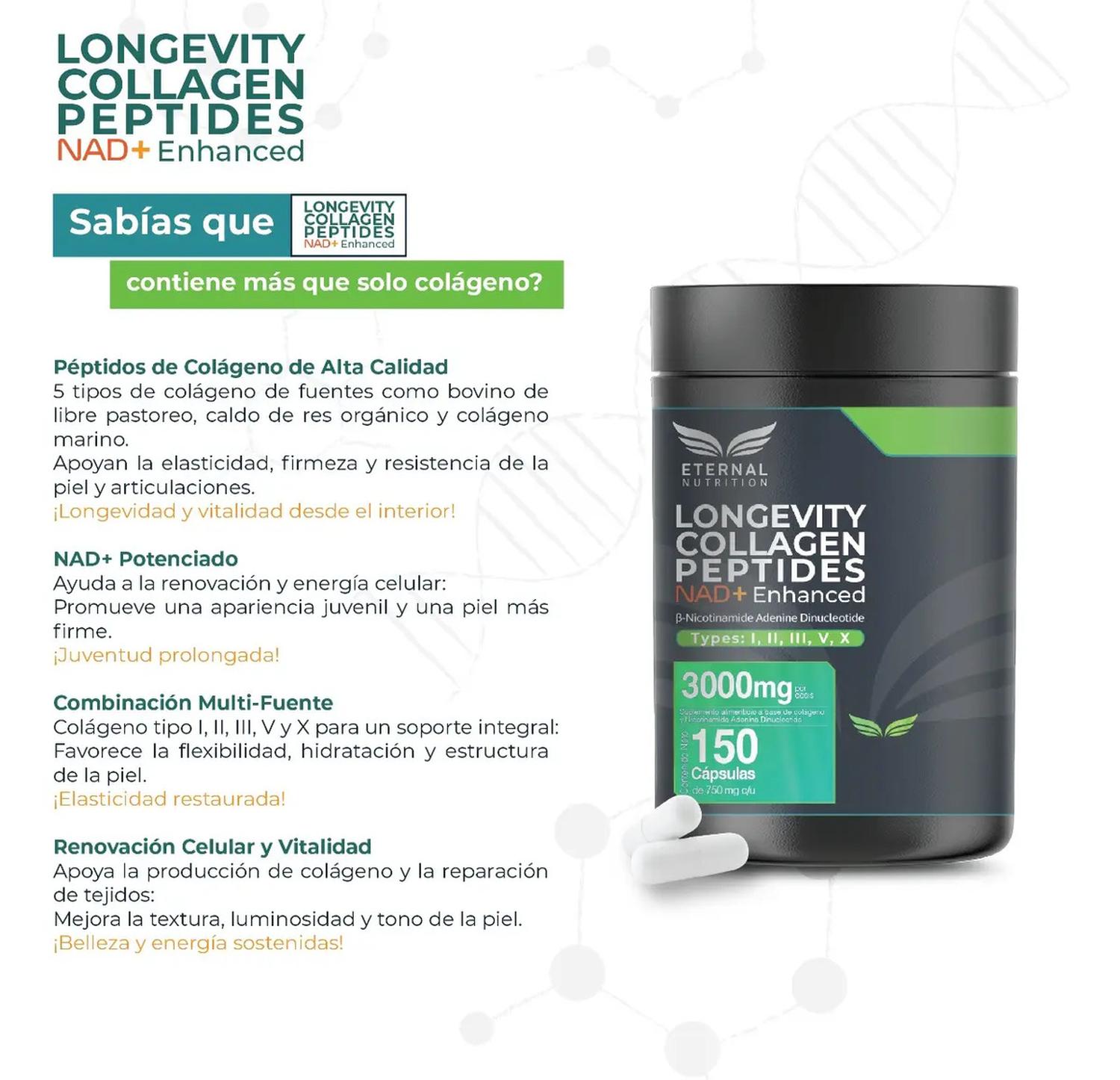 Longevity: Colágeno Hidrolizado + NAD+, Péptidos Tipos I, II, III, V y X, 150 Cápsulas — imagen 5