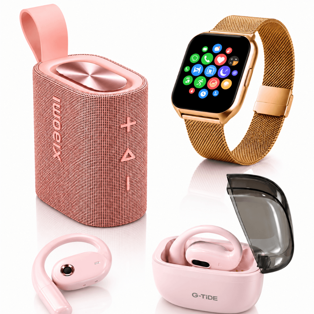 BOCINA XIAOMI SOUND POCKET (ROSA)+ SMARTWATCH FILWANS GTS MINI (DORADA) + AUDIFONOS G-TIDE OWS8 (ROSA) — imagen 2