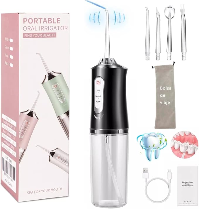 Limpiador de dientes inalámbrico Water Flosser,Irrigador Bucal,IPX7 impermeable240ML,hilo dental de agua de 3 modos con 4 puntas de chorro para el hogar,Bolsas de viaje. Hilo Dental de Agua sin Cable para el Hogar,Viajes,Ducha — imagen 1