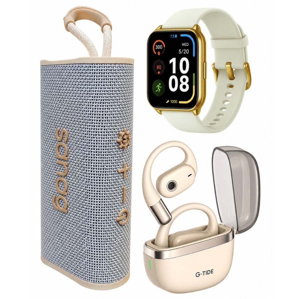 BOCINA SANAG M15 (BEIGE) + AUDÍFONOS G-TIDE OWS 8 (BEIGE) + SMARTWATCH FILWANS GTS MINI (DORADO) — imagen 2