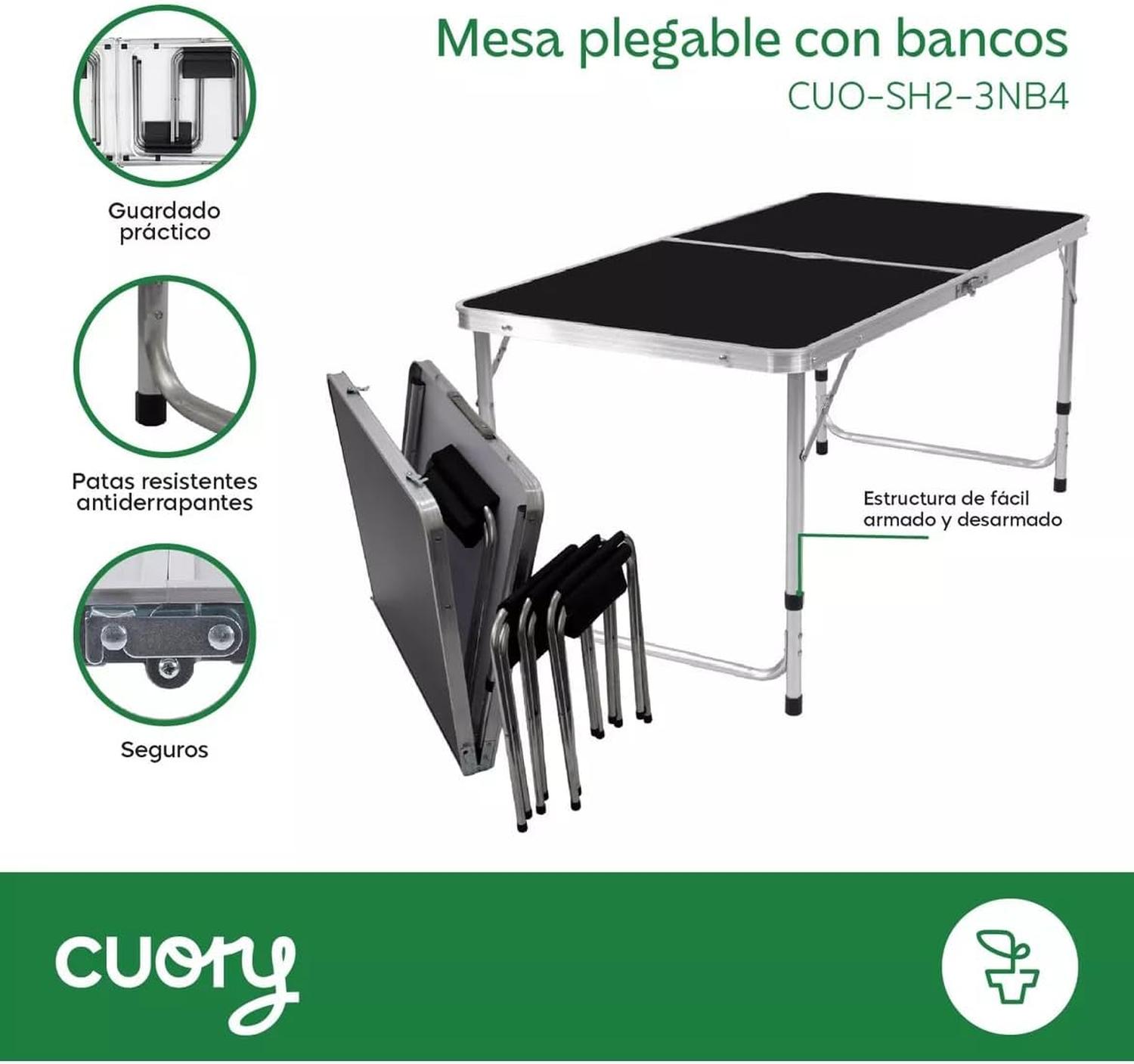 Mesa Plegable Cuory Negra 120x160cm + 4 Bancos — imagen 3